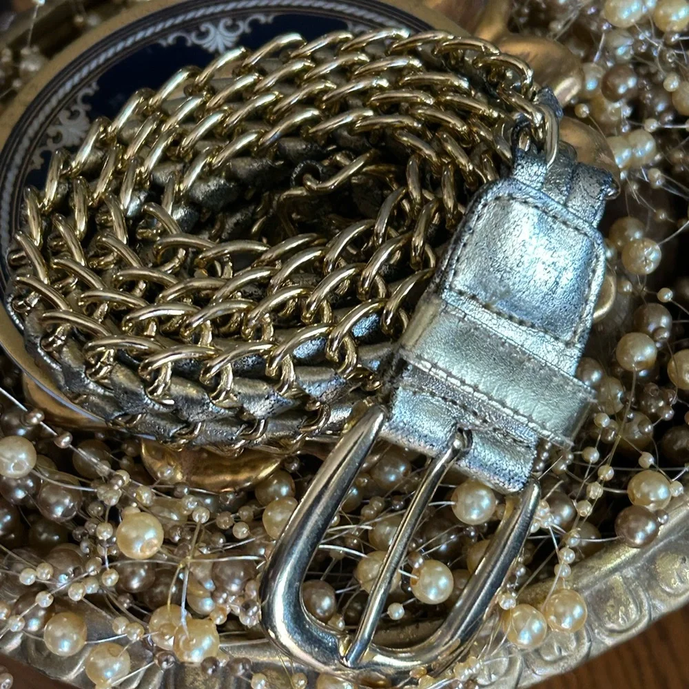 Vintage Gold Leather & Chain Link Belt